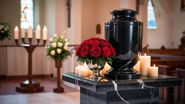Czarna urna na marmurowym postumencie, obok czerwone róże i zapalone świece w kaplicy.
