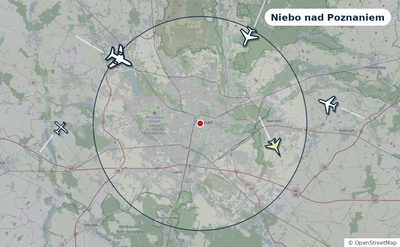 Mapa okolic miasta z sylwetkami samolotów — Niebo nad Poznaniem na żywo