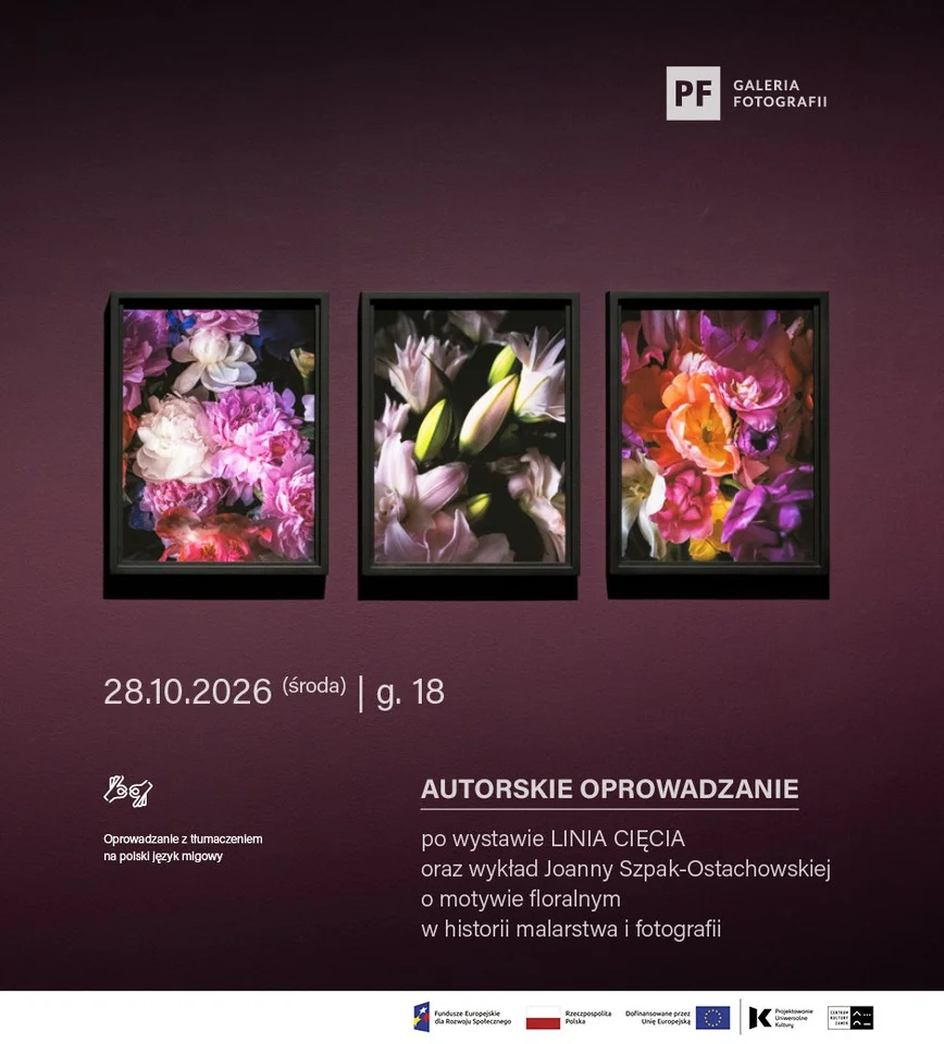 Grafika promocyjna wydarzenia Oprowadzanie po wystawie „Linia cięcia” i wykład w Poznaniu