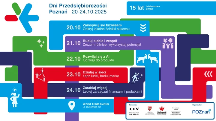 Obrazek przedstawia grafikę promocyjną wydarzenia Jubileuszowe spotkania dla przedsiębiorców w Poznaniu — pięciodniowy cykl szkoleń i konsultacji