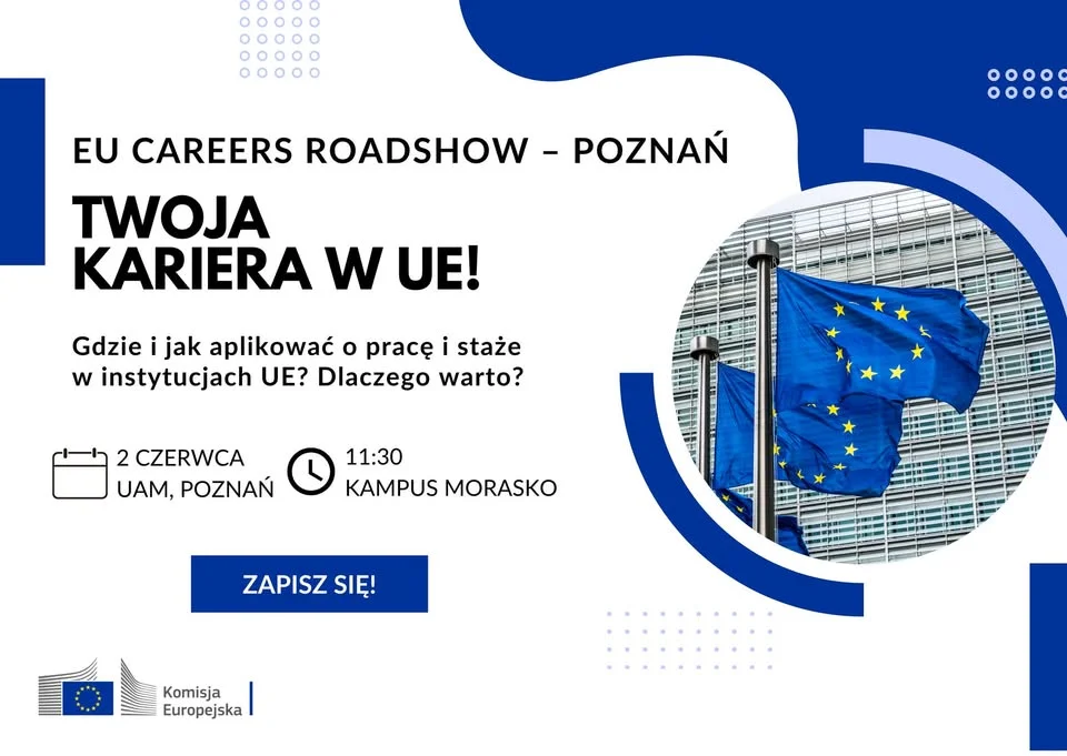 Grafika promocyjna wydarzenia EU Careers Roadshow - Poznań: spotkanie o pracy i stażach w instytucjach UE