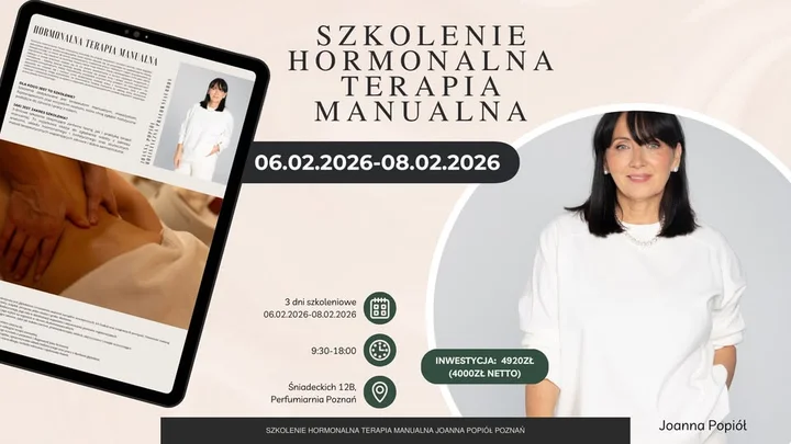 Grafika promocyjna wydarzenia HORMONALNA TERAPIA MANUALNA — Poznań (szkolenie Joanny Popiół)