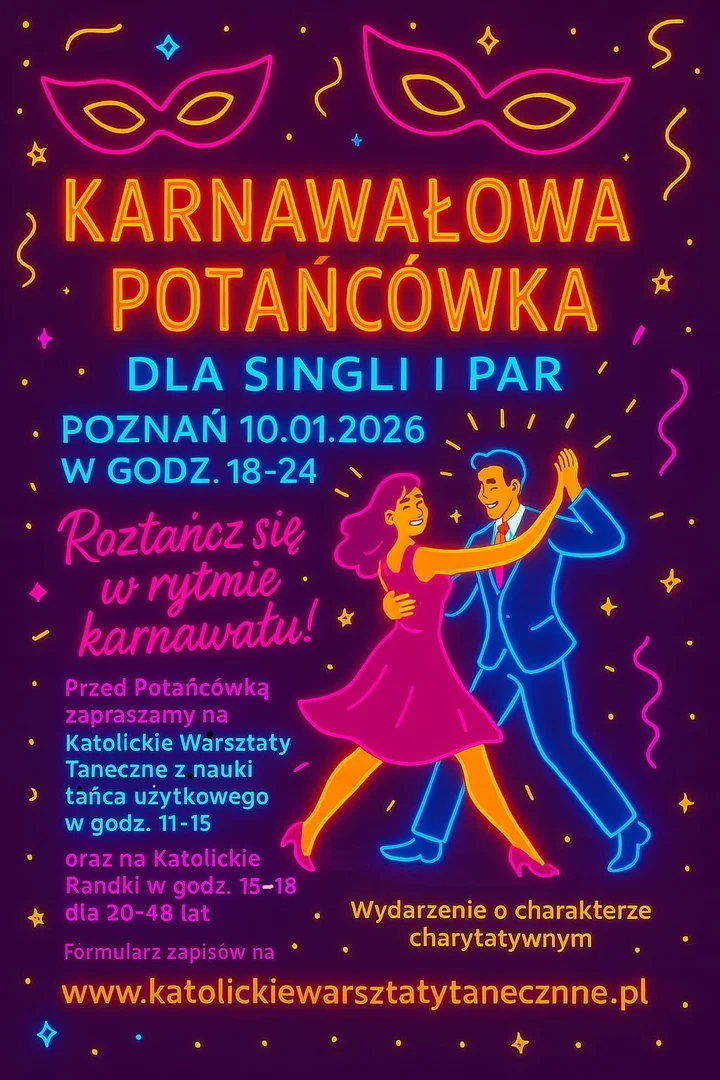 Grafika promocyjna wydarzenia Karnawałowa Potańcówka Poznań — taneczny wieczór dla singli i par