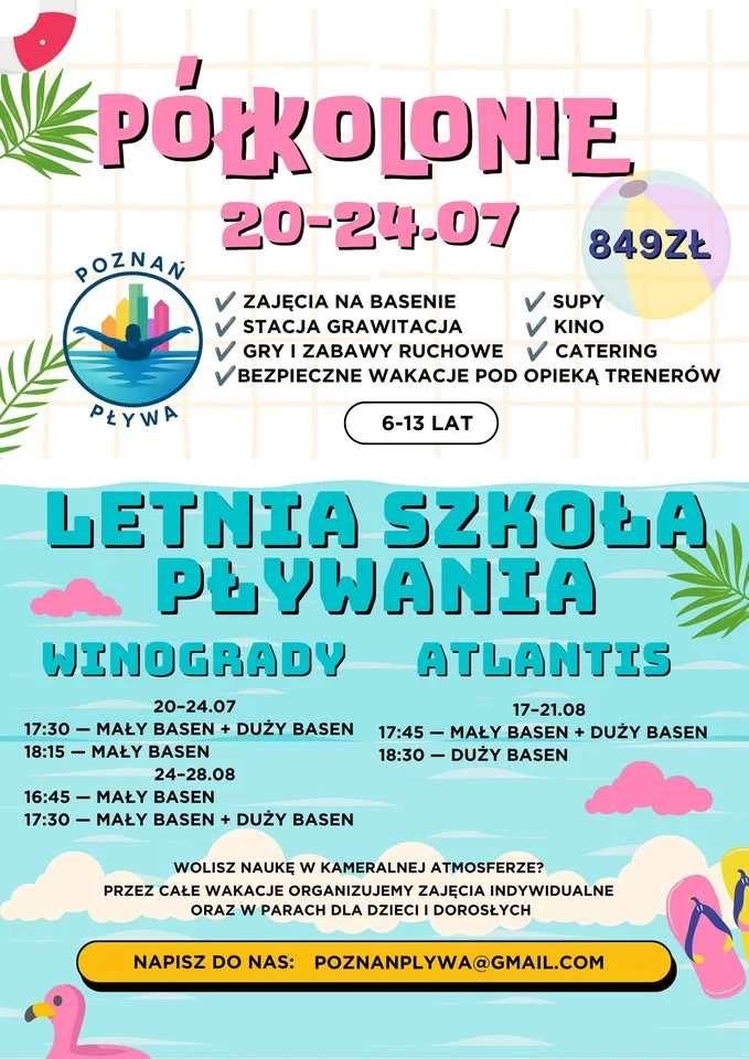 Grafika promocyjna wydarzenia Letnia Szkoła Pływania – Winogrady: kurs dla dzieci