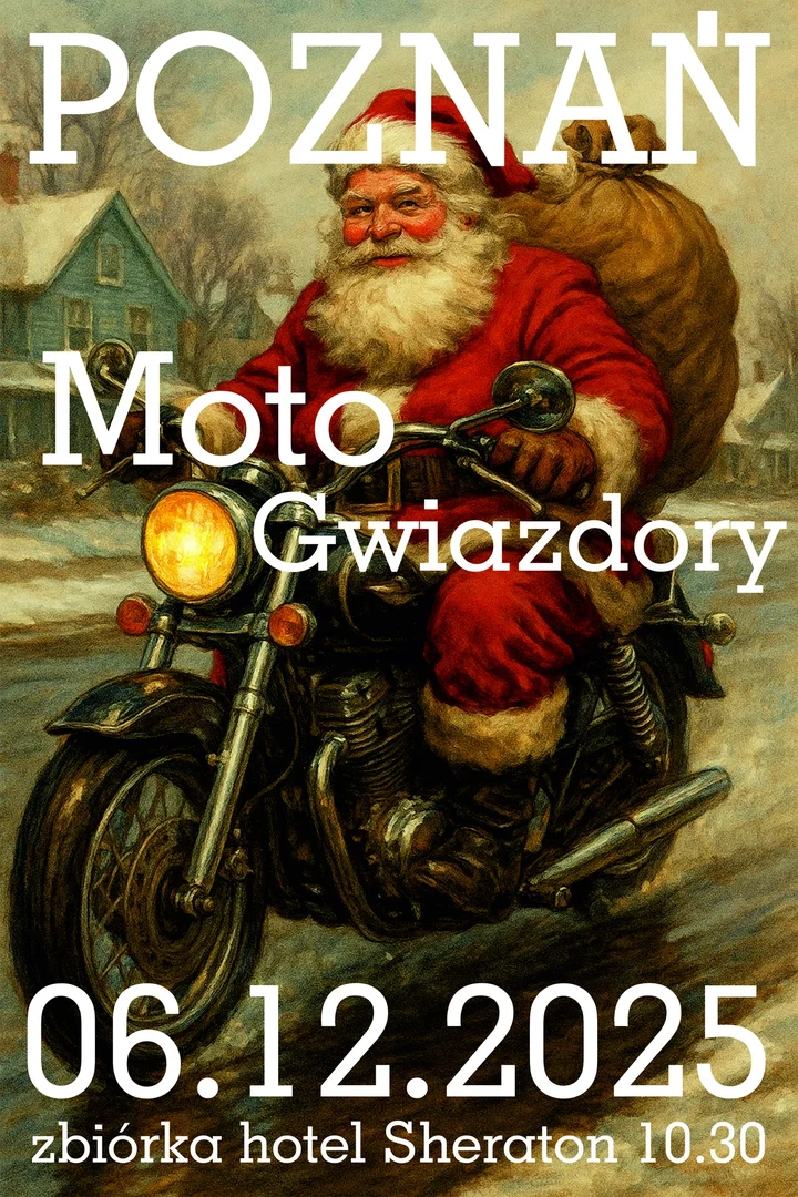 Grafika promocyjna wydarzenia MotoGwiazdory Poznań 2025 — barwny przejazd motocyklowy