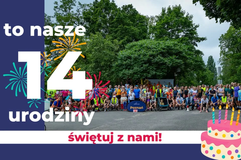 Grafika promocyjna wydarzenia parkrun Poznań 14. urodziny