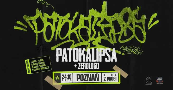 Obrazek przedstawia grafikę promocyjną wydarzenia Koncert Patokalipsy w klubie 2Progi w Poznaniu