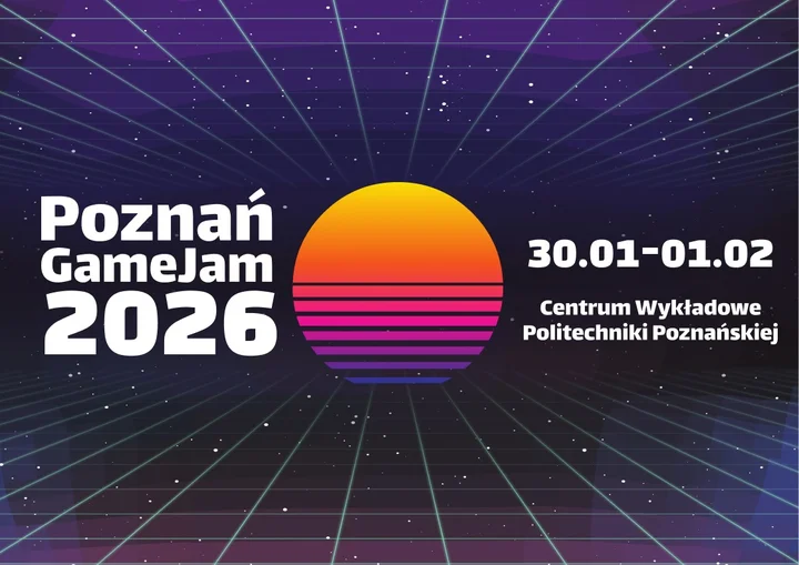 Grafika promocyjna wydarzenia Poznań Game Jam 2026 — weekend tworzenia gier na Politechnice Poznańskiej
