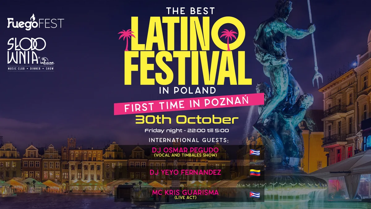 Grafika promocyjna wydarzenia Poznań Latino Festival: taneczna noc