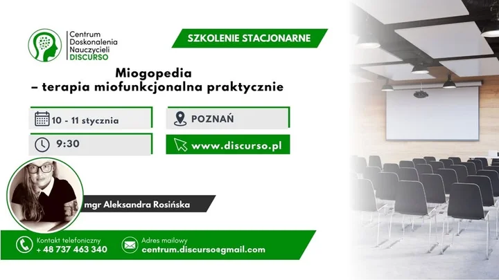 Grafika promocyjna wydarzenia Miogopedia – terapia miofunkcjonalna praktycznie w Poznaniu