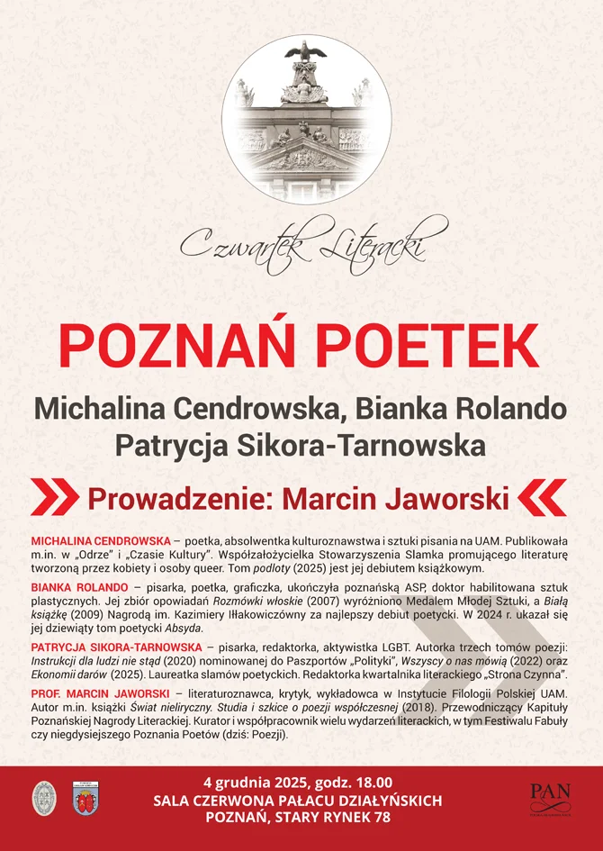 Grafika promocyjna wydarzenia POZNAŃ POETEK — wieczór z trzema głosami poezji