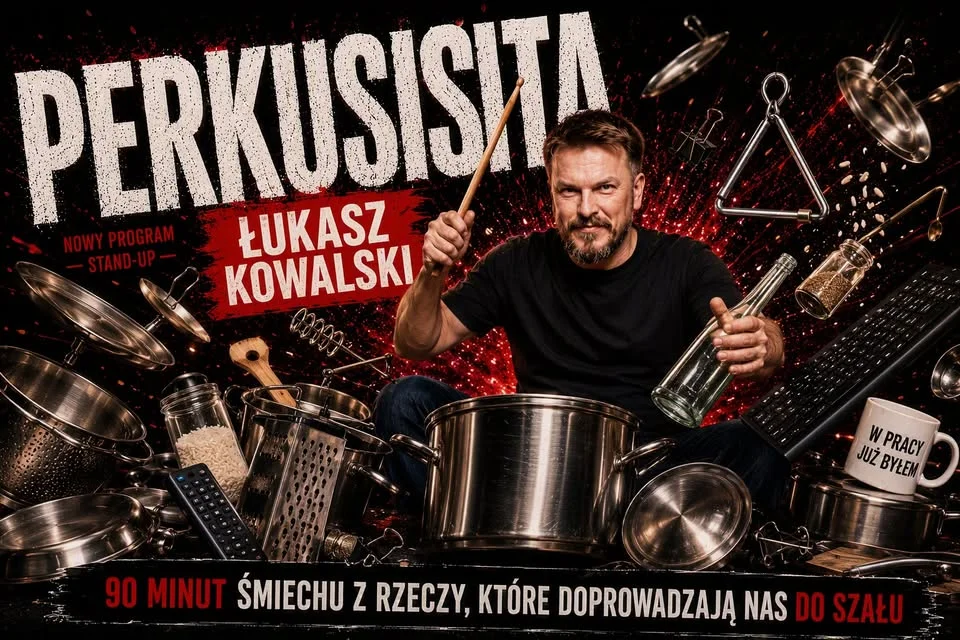 Grafika promocyjna wydarzenia Stand-Up „Perkusista” – pra-premiera w Poznaniu