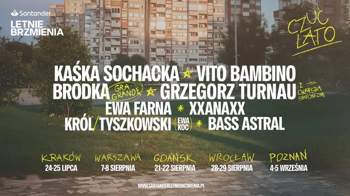 Grafika promocyjna wydarzenia Santander Letnie Brzmienia 2026 w Poznaniu — 4–5 września