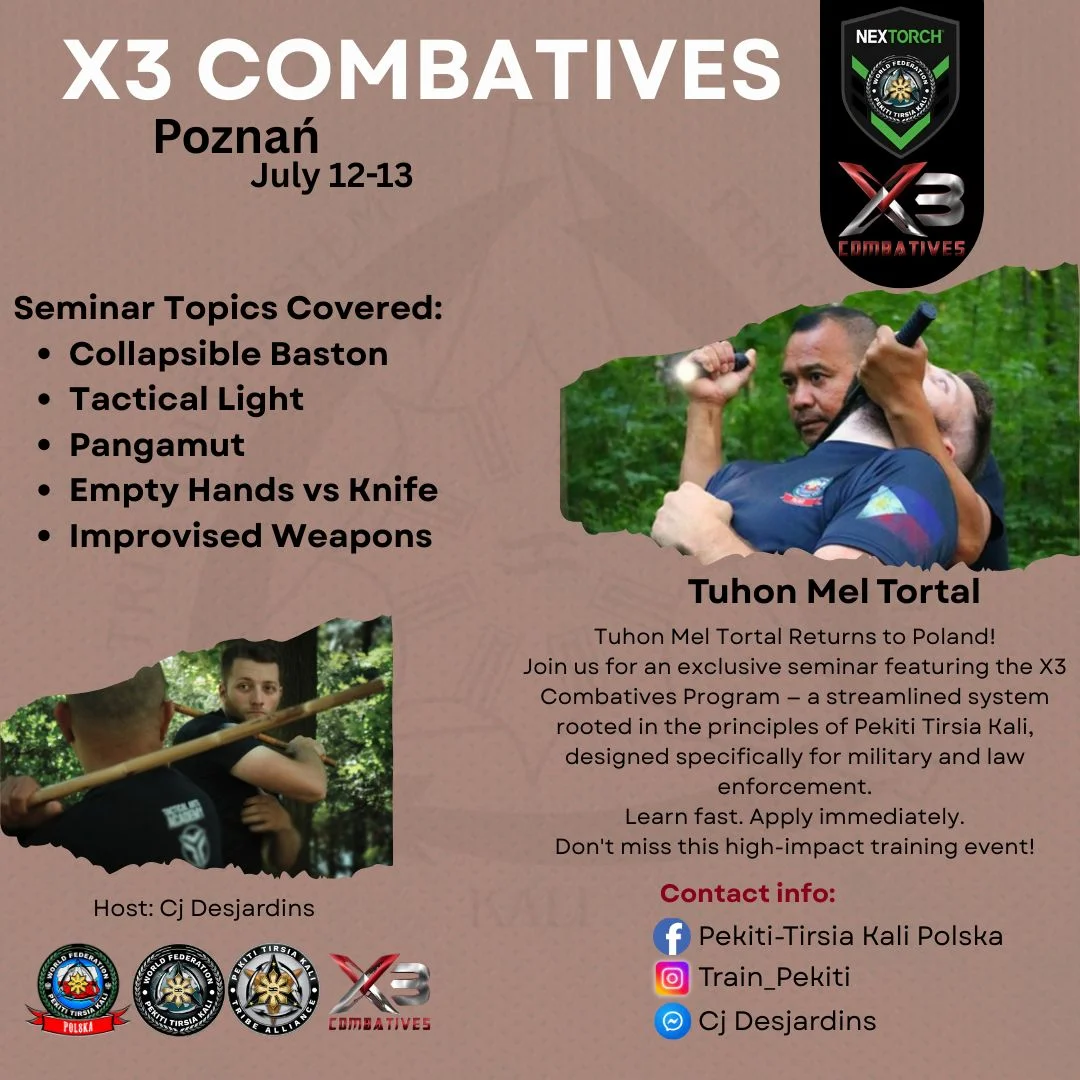 Grafika promocyjna wydarzenia Seminarium X3 Combatives w Poznaniu – szkolenie z technik samoobrony