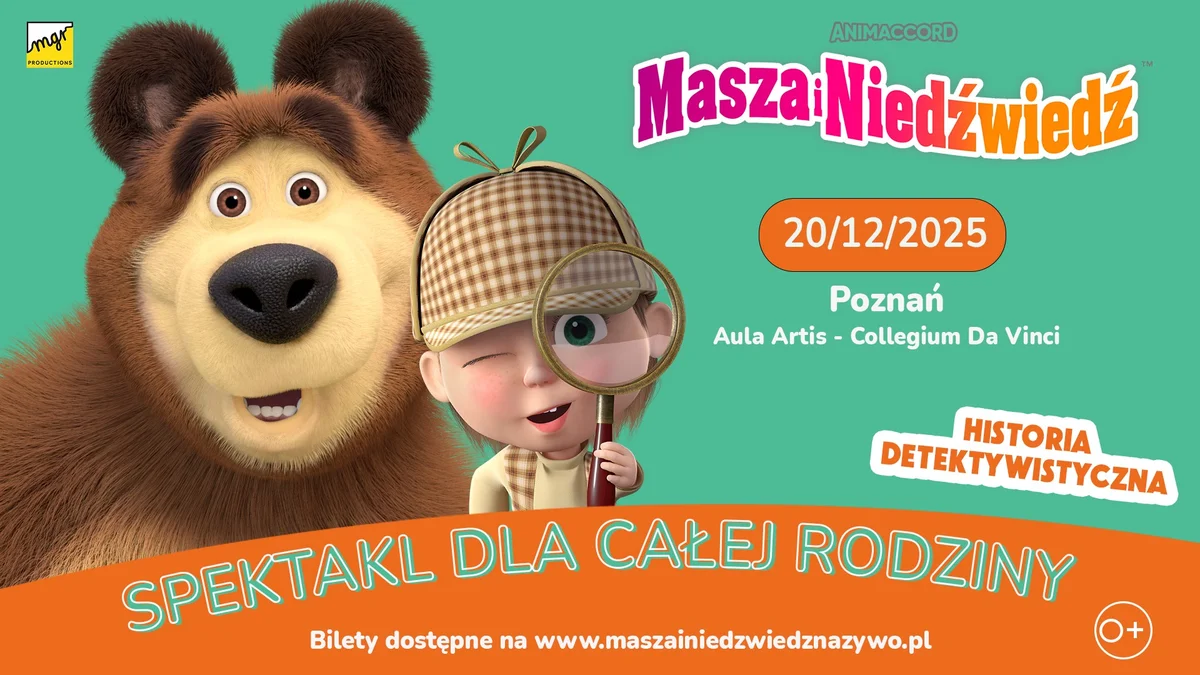 Grafika promocyjna wydarzenia Spektakl familijny: Masza i niedźwiedź w wersji detektywistycznej w Poznaniu