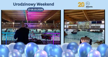 Grafika promocyjna wydarzenia 20. urodziny Pływalni Miejskiej Atlantis – Urodzinowy Weekend