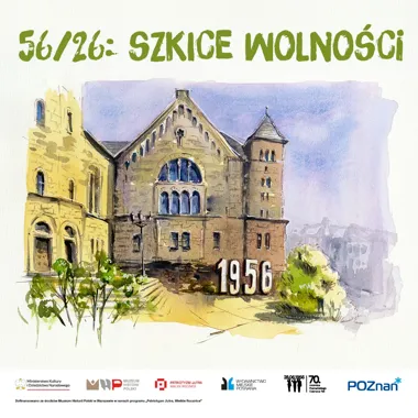 Grafika promocyjna wydarzenia Międzypokoleniowy projekt „56/26: Szkice wolności” – spacer i szkicownik miejski – akwarela