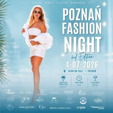 Grafika promocyjna wydarzenia Poznań Fashion Night 2026 w Poznaniu. Pokazy mody, beauty i letni lifestyle
