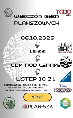 Grafika promocyjna wydarzenia XX Wieczór Gier Planszowych w Osiedlowym Domu Kultury „Pod Lipami”