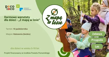 Grafika promocyjna wydarzenia Z mapą w lesie – warsztaty terenowe dla dzieci