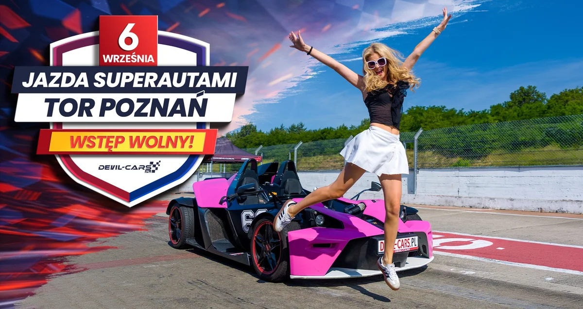 Grafika promocyjna wydarzenia Tor Poznań – Jazda superautami z Devil-Cars: wrześniowy event