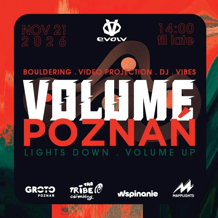 Grafika promocyjna wydarzenia VOLUME Poznań: bouldering, muzyka i światło